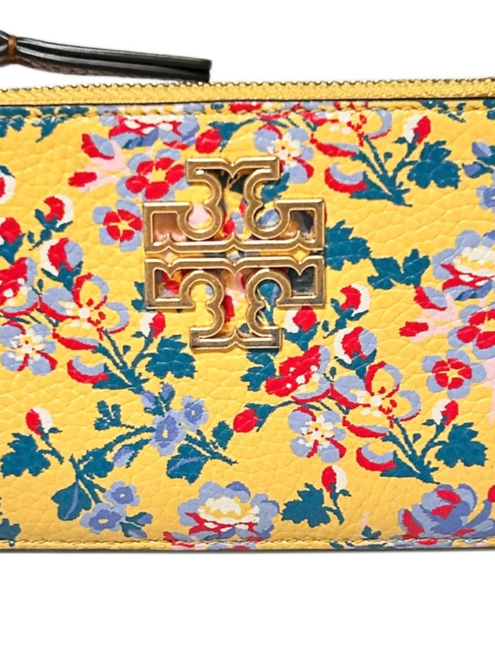 Tory Burch Yellow Floral Leather Zip Card Case with Gold Logo